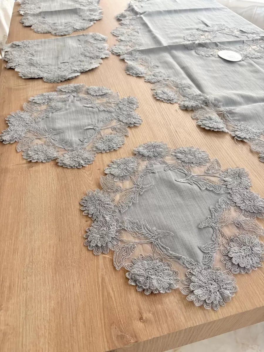Salon Takımı Çeyizlik Gri Runner Set 5 Parça Keten Masa Örtüsü Runneri Flowers
