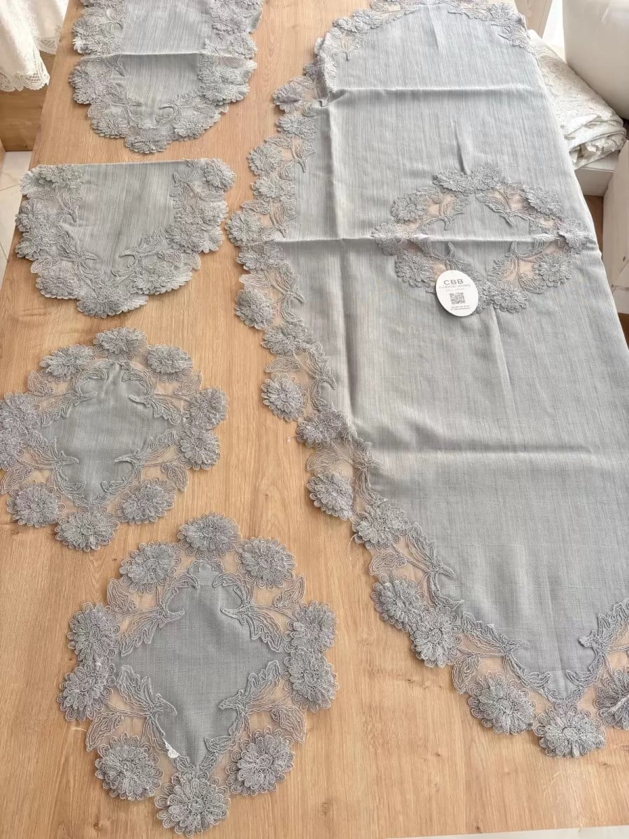 Salon Takımı Çeyizlik Gri Runner Set 5 Parça Keten Masa Örtüsü Runneri Flowers
