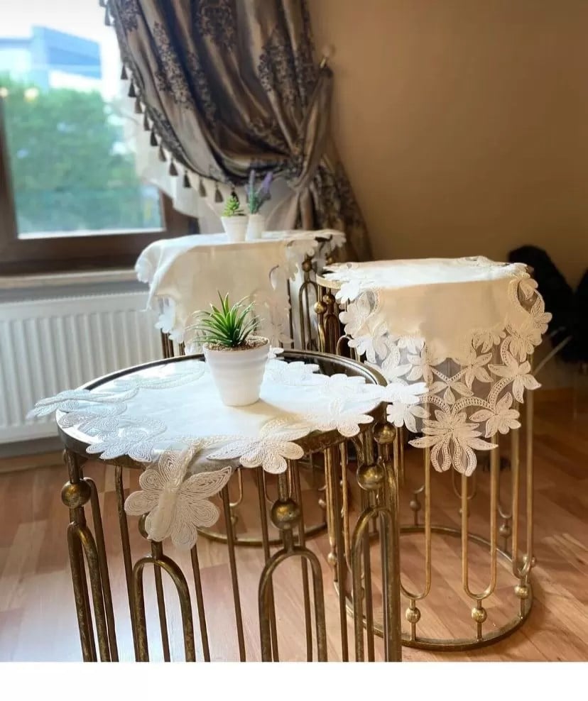 Salon Takımı Çeyizlik Helena Model Krem 5 Parça Keten Dantelli Runner Seti