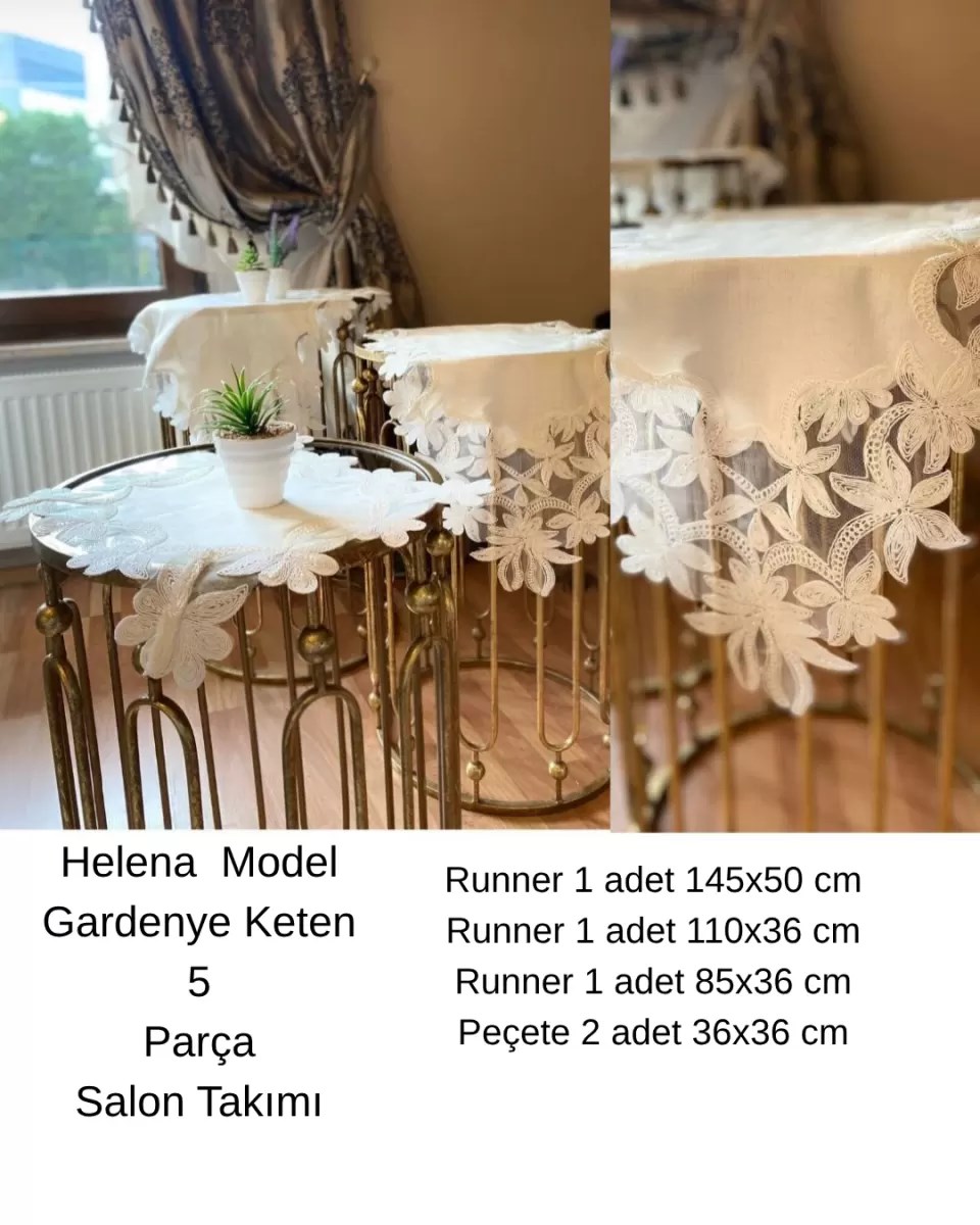 Salon Takımı Çeyizlik Helena Model Krem 5 Parça Keten Dantelli Runner Seti