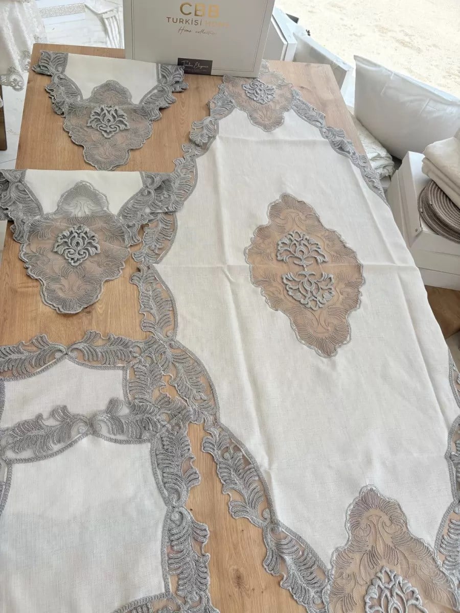 Salon Takımı Çeyizlik Krem Gri Runner Set 5 Parça Keten Masa Örtüsü Runneri Evalina