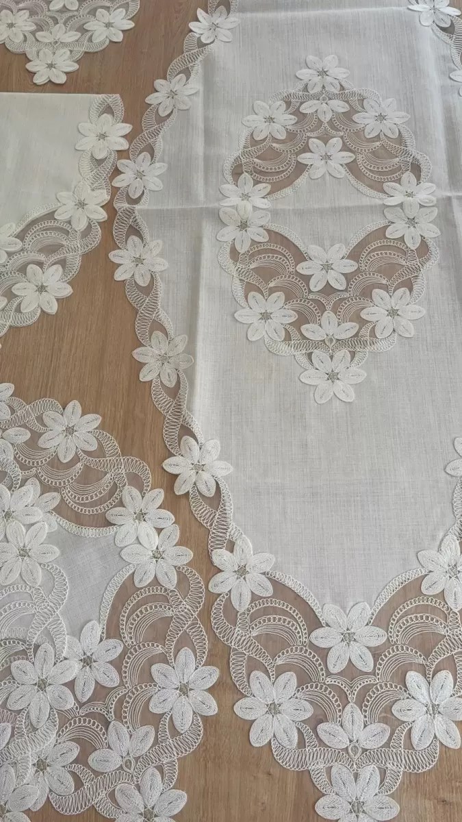 Salon Takımı Çeyizlik Krem Runner Set 5 Parça Keten Masa Örtüsü Runneri Lüx Evita