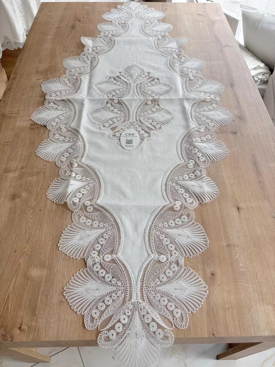 Salon Takımı Çeyizlik Krem Runner Set 5 Parça Keten Ranır Masa Konsol Sehpa Örtüsü Lavinya
