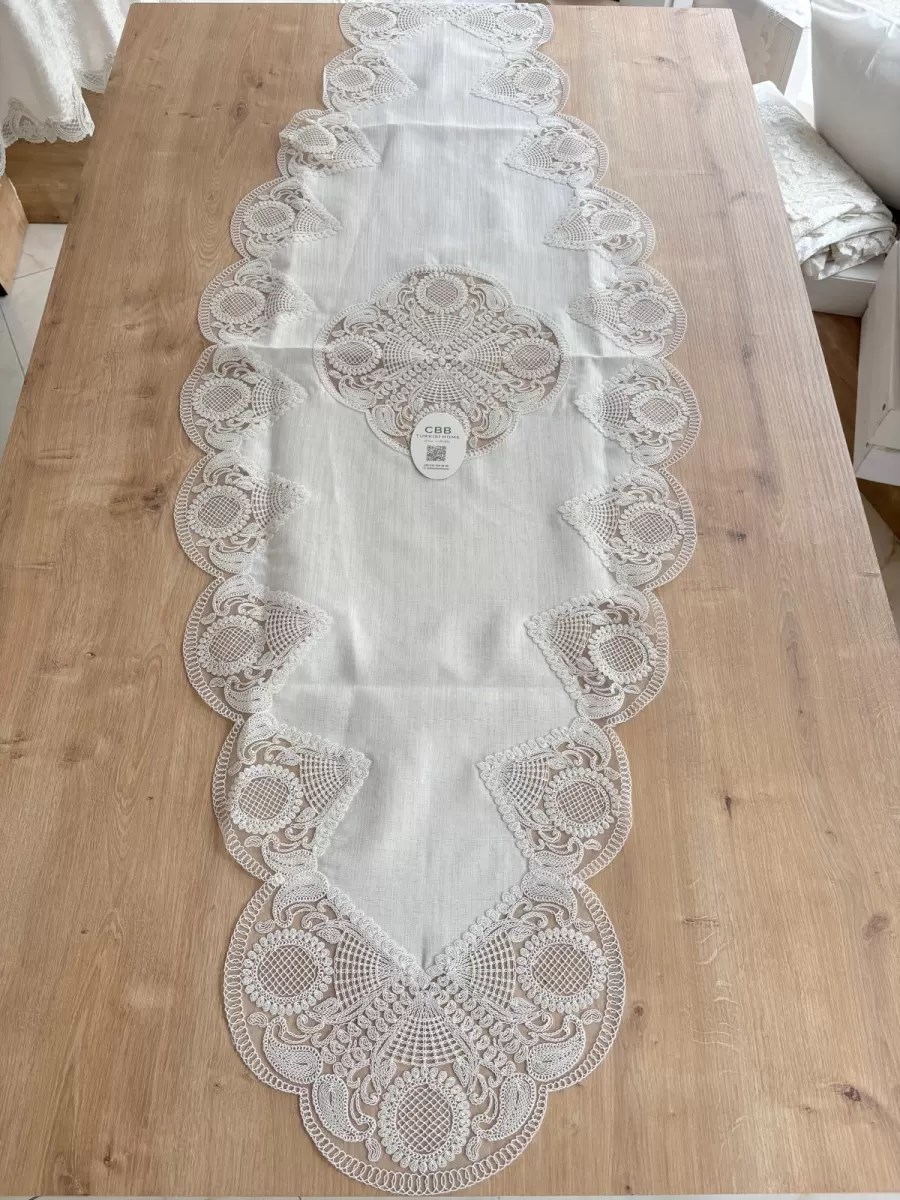 Salon Takımı Çeyizlik Krem Runner Set 5 Parça Keten Ranır Masa Sehpa Konsol Örtüsü Defne