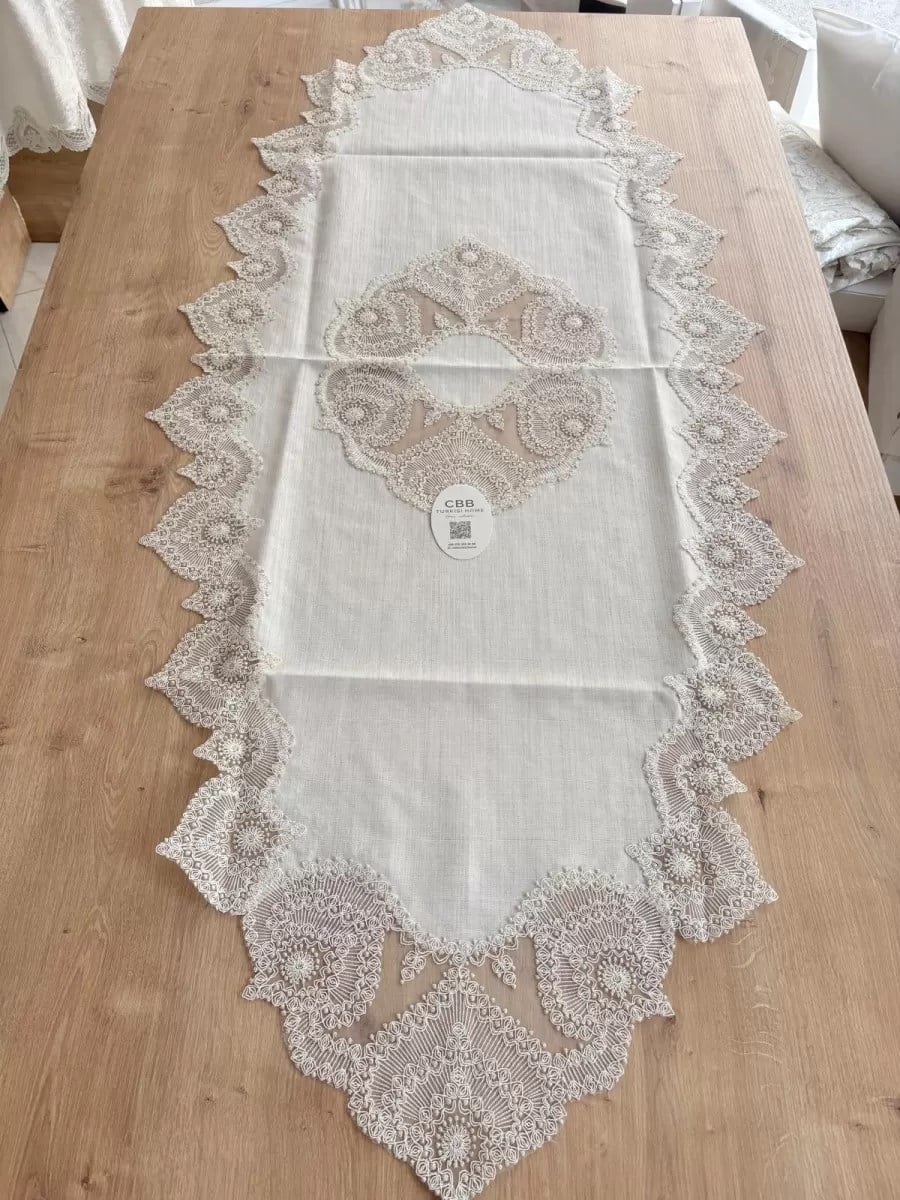 Salon Takımı Çeyizlik Krem Runner Set 5 Parça Keten Ranır Masa Konsol Sehpa Örtüsü Kartanesi