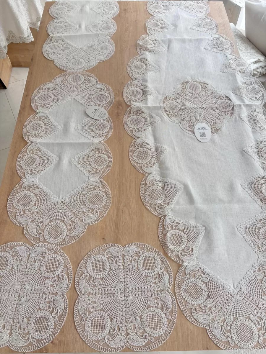 Salon Takımı Çeyizlik Krem Runner Set 5 Parça Keten Ranır Masa Sehpa Konsol Örtüsü Defne