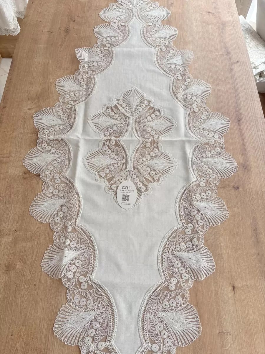 Salon Takımı Çeyizlik Krem Runner Set 5 Parça Keten Ranır Masa Konsol Sehpa Örtüsü Lavinya