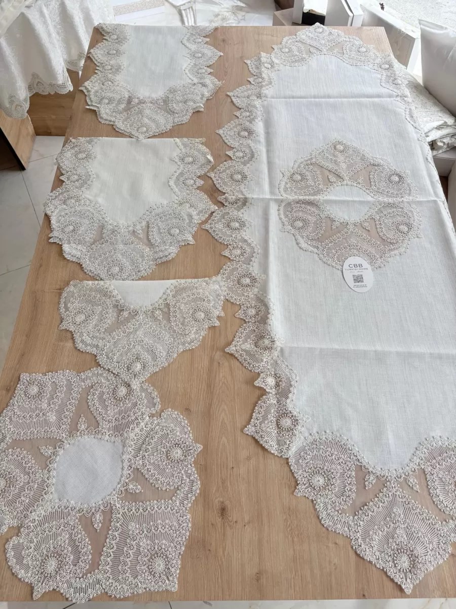 Salon Takımı Çeyizlik Krem Runner Set 5 Parça Keten Ranır Masa Konsol Sehpa Örtüsü Kartanesi