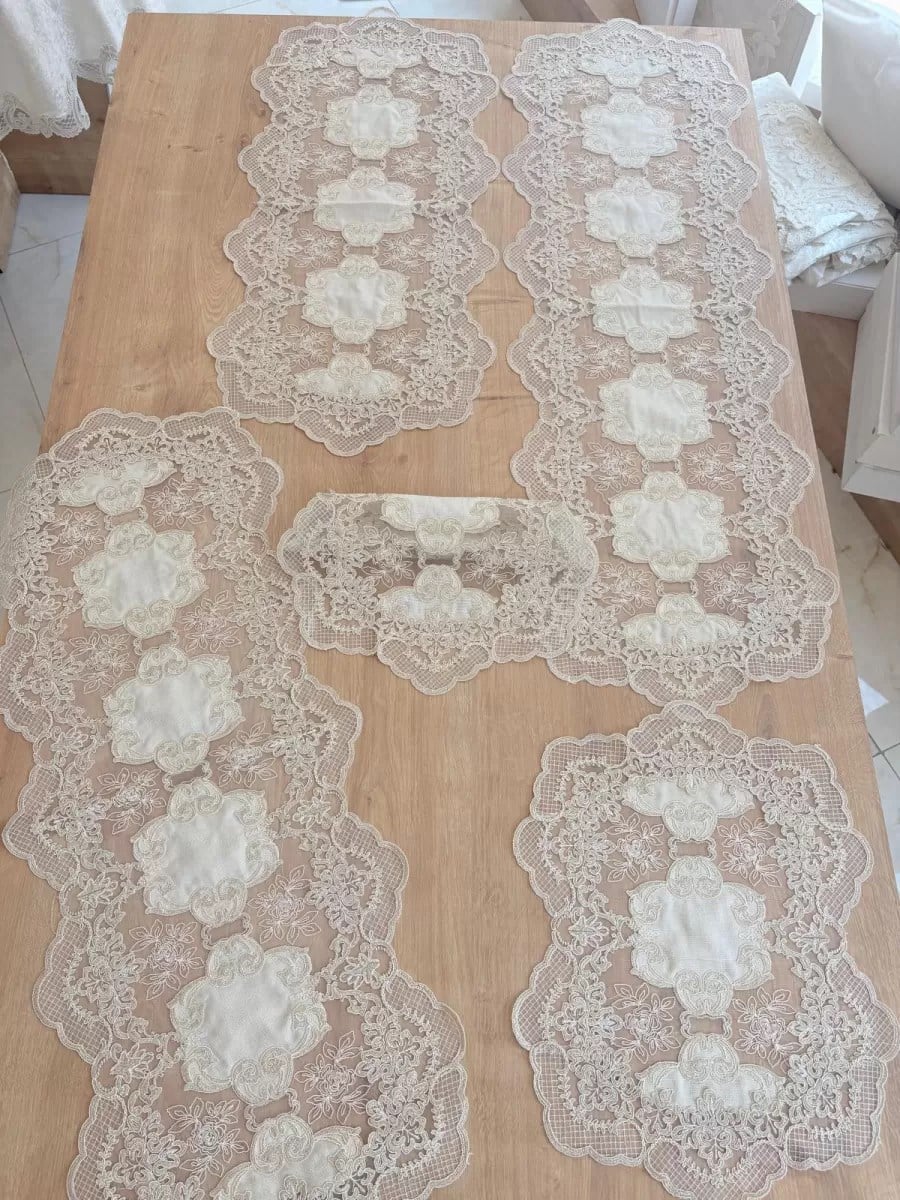 Salon Takımı Çeyizlik Krem Runner Set 5 Parça Keten Ranır Masa Konsol Sehpa Örtüsü Orkide