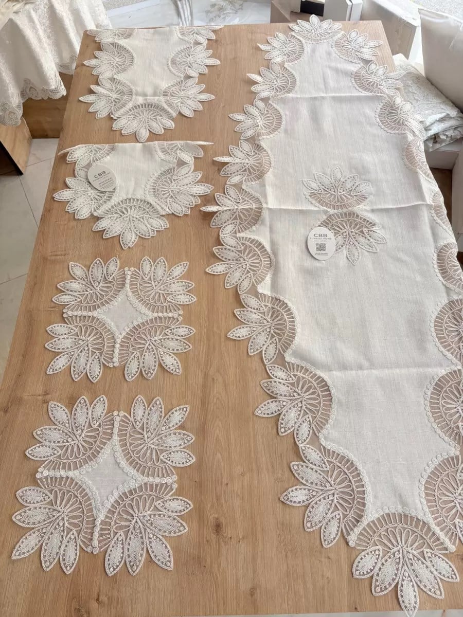 Salon Takımı Çeyizlik Krem Runner Set 5 Parça Keten Ranır Masa Konsol Sehpa Örtüsü Lady