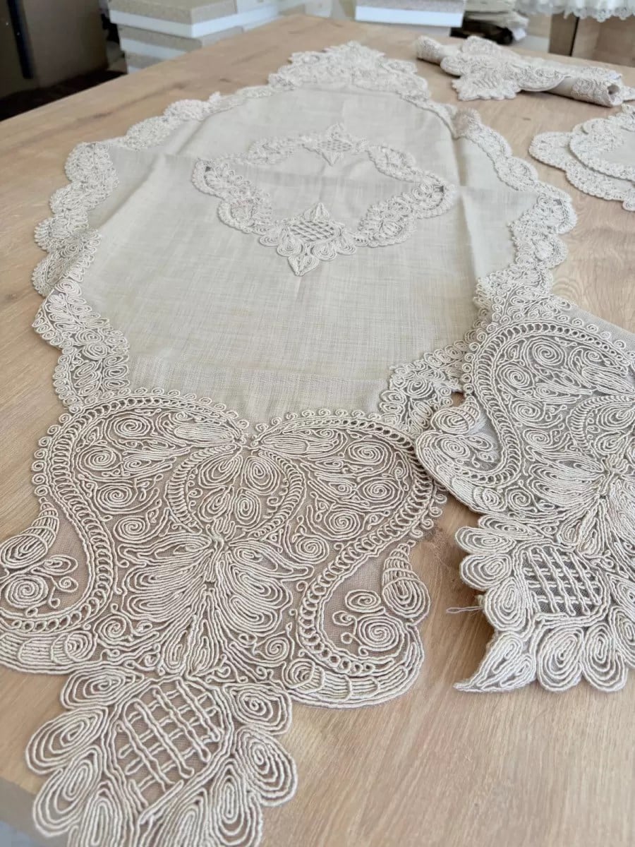 Salon Takımı Çeyizlik Krem Runner Set 5 Parça Keten Masa Örtüsü Runneri Gerdan