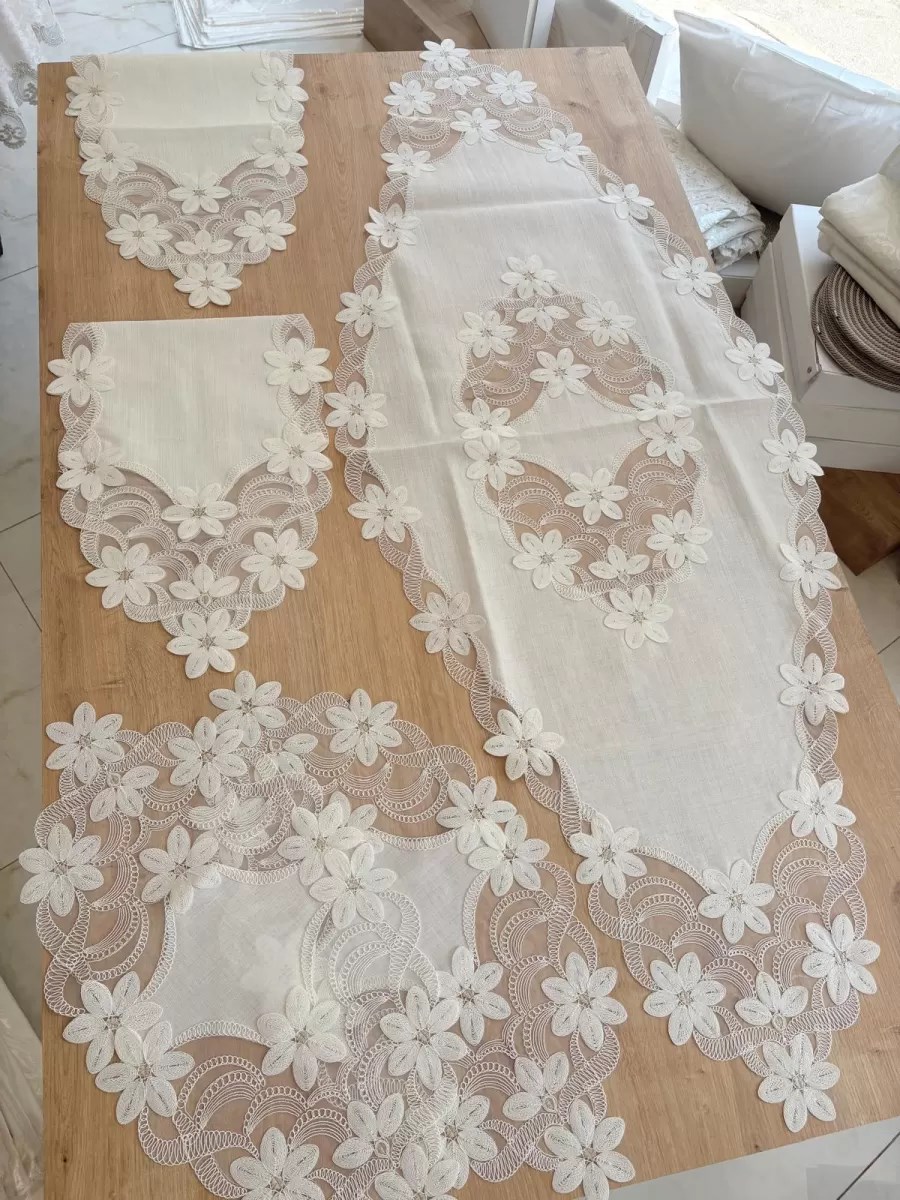 Salon Takımı Çeyizlik Krem Runner Set 5 Parça Keten Masa Örtüsü Runneri Lüx Evita