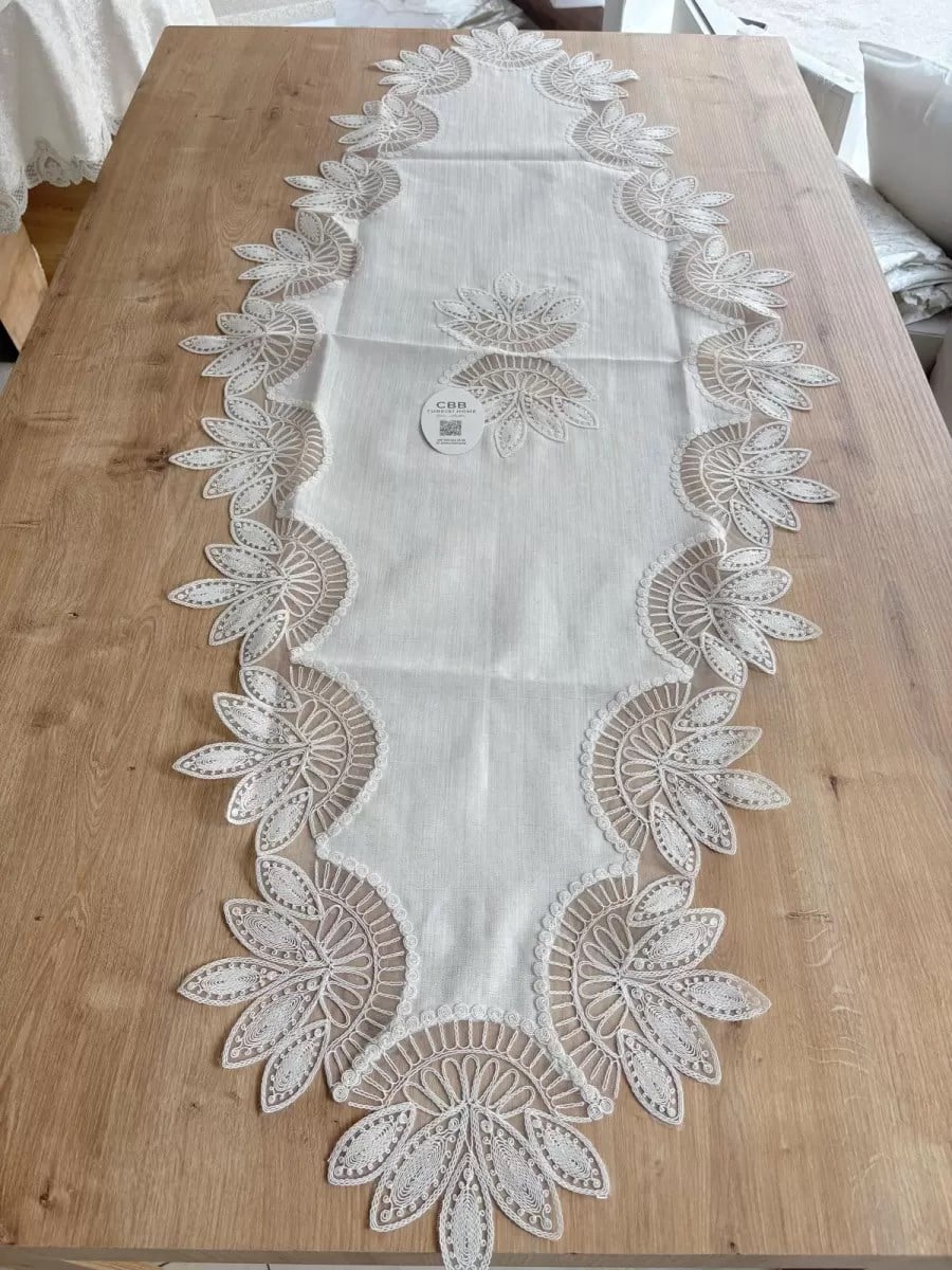 Salon Takımı Çeyizlik Krem Runner Set 5 Parça Keten Ranır Masa Konsol Sehpa Örtüsü Lady