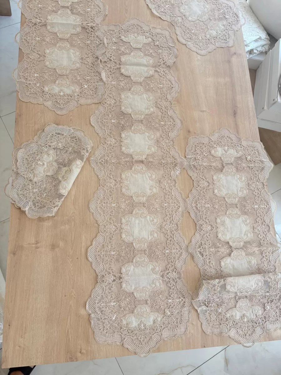 Salon Takımı Çeyizlik Krem Runner Set 5 Parça Keten Ranır Masa Konsol Sehpa Örtüsü Orkide
