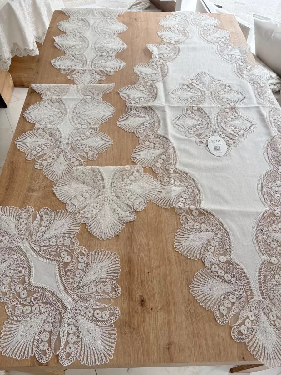 Salon Takımı Çeyizlik Krem Runner Set 5 Parça Keten Ranır Masa Konsol Sehpa Örtüsü Lavinya