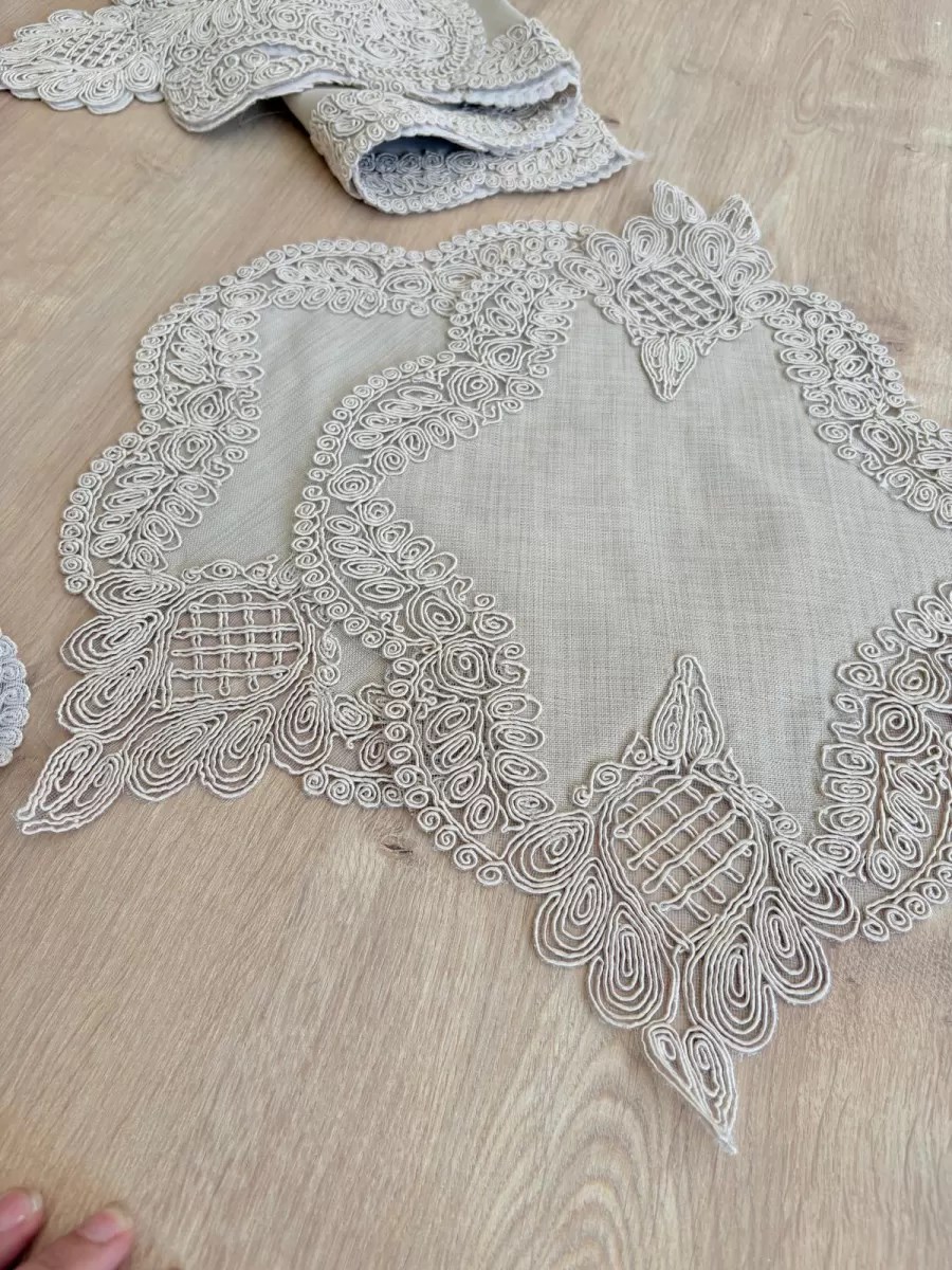 Salon Takımı Çeyizlik Krem Runner Set 5 Parça Keten Masa Örtüsü Runneri Gerdan