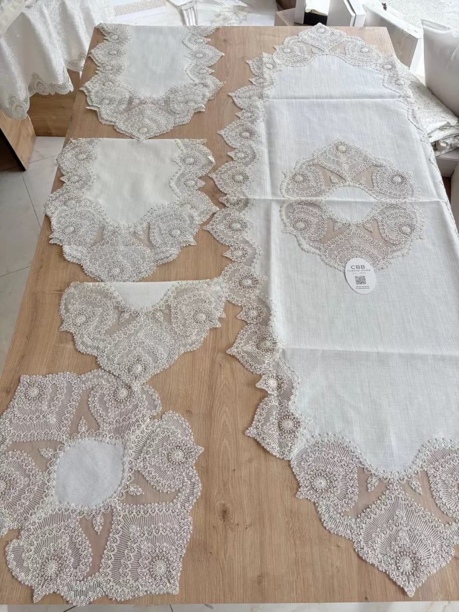 Salon Takımı Çeyizlik Krem Runner Set 5 Parça Keten Ranır Masa Konsol Sehpa Örtüsü Kartanesi