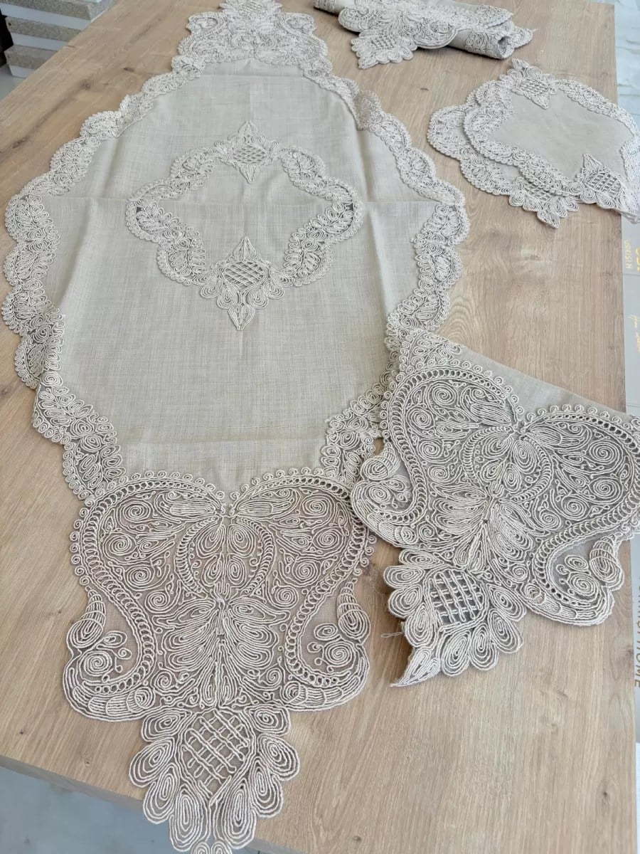 Salon Takımı Çeyizlik Krem Runner Set 5 Parça Keten Masa Örtüsü Runneri Gerdan