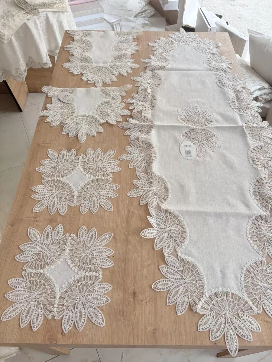 Salon Takımı Çeyizlik Krem Runner Set 5 Parça Keten Ranır Masa Konsol Sehpa Örtüsü Lady