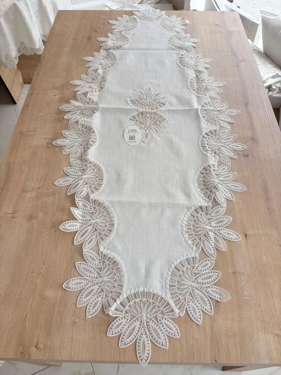 Salon Takımı Çeyizlik Krem Runner Set 5 Parça Keten Ranır Masa Konsol Sehpa Örtüsü Lady