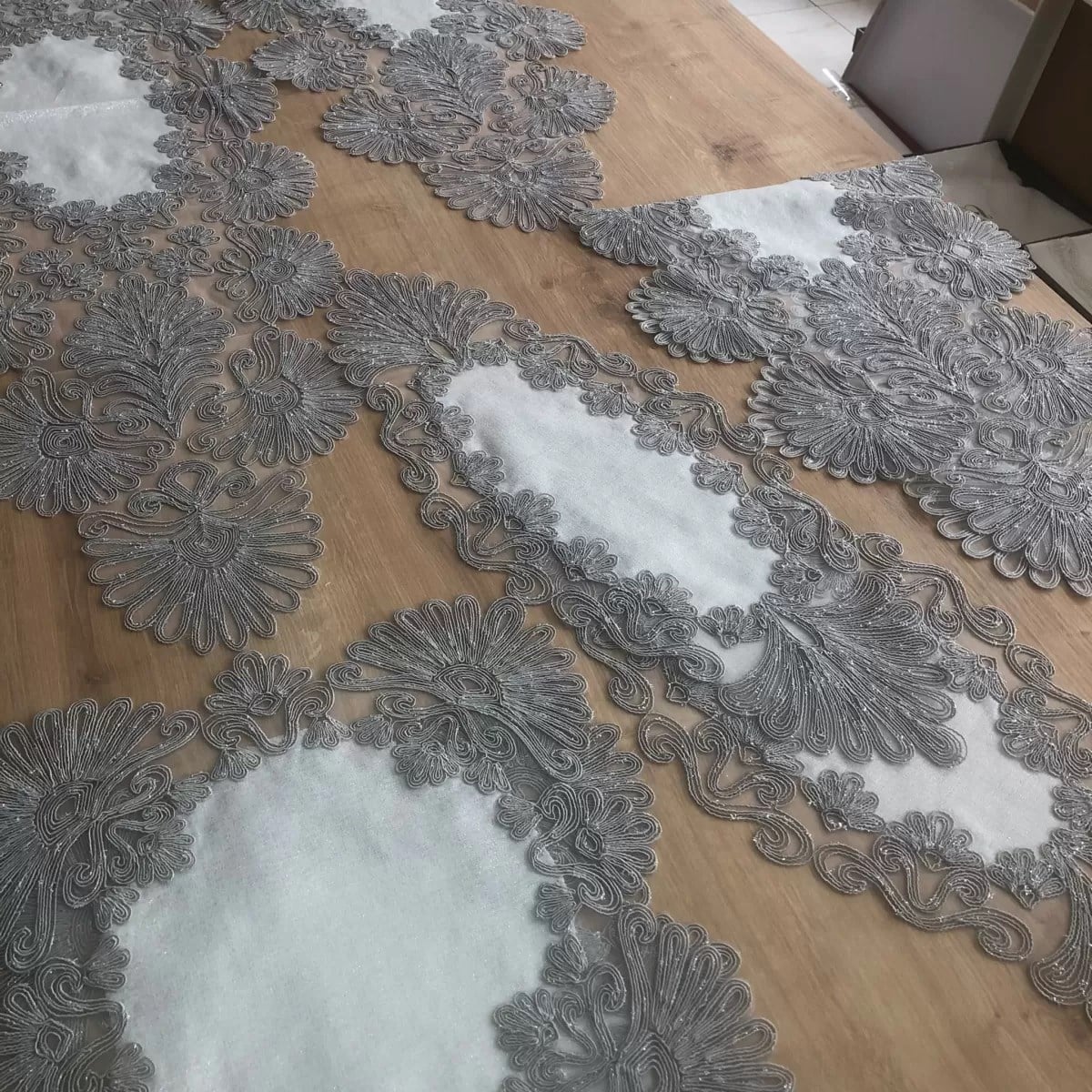 Salon Takımı Çeyizlik Kreme Gri Runner Set 7 Parça Keten Ranır Masa Konsol Sehpa Örtüsü Palmiye