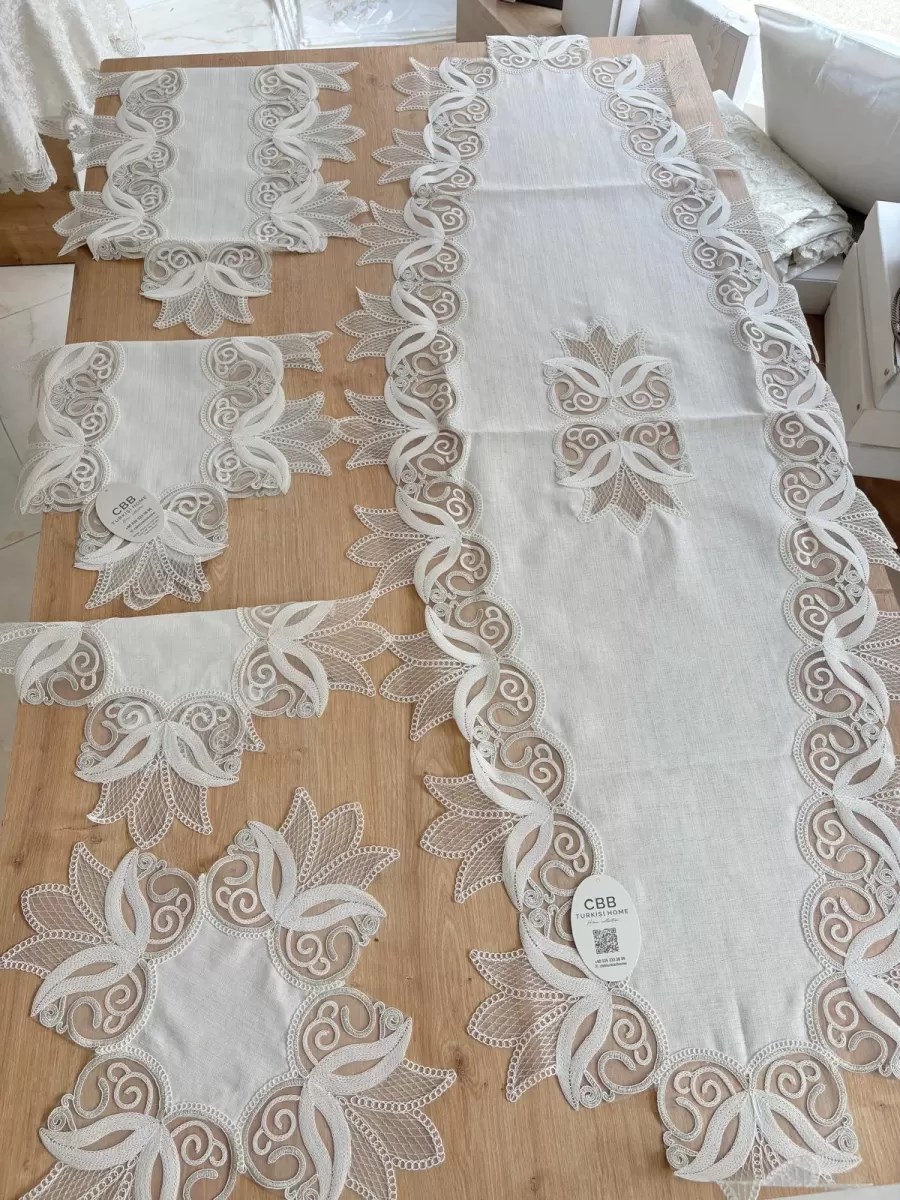 Salon Takımı Çeyizlik Kreme Gümüş Runner Set 5 Parça Keten Ranır Masa Konsol Sehpa Örtüsü Kayla