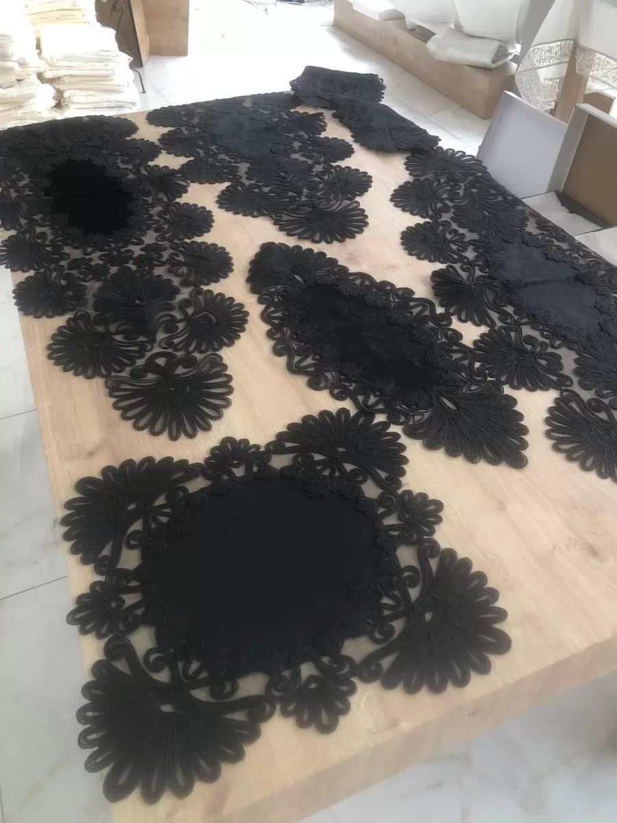 Salon Takımı Çeyizlik Siyah Runner Set 7 Parça Kadife Ranır Masa Konsol Sehpa Örtüsü Palmiye