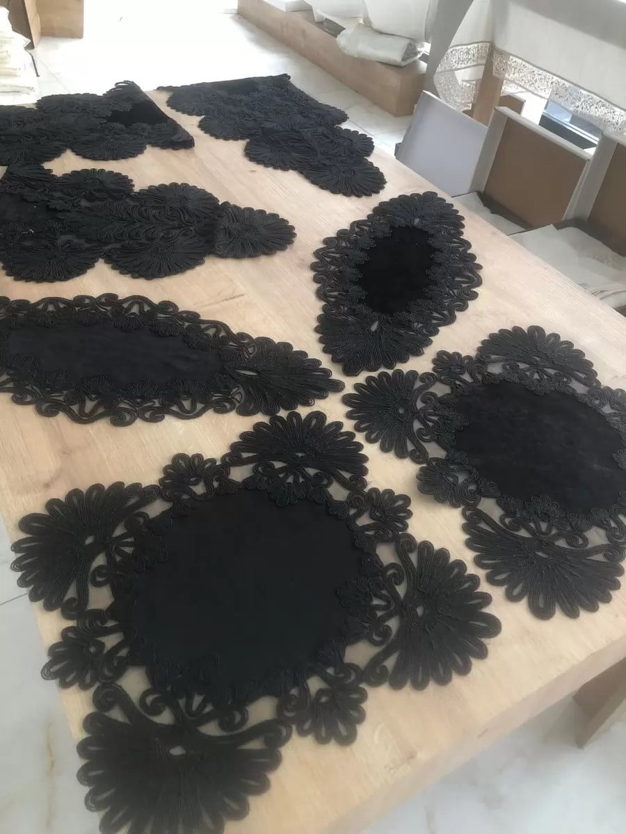 Salon Takımı Çeyizlik Siyah Runner Set 7 Parça Kadife Ranır Masa Konsol Sehpa Örtüsü Palmiye