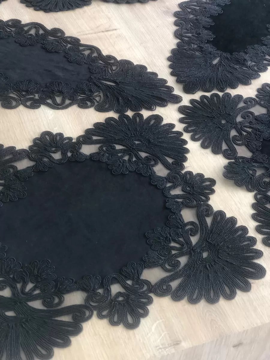 Salon Takımı Çeyizlik Siyah Runner Set 7 Parça Kadife Ranır Masa Konsol Sehpa Örtüsü Palmiye