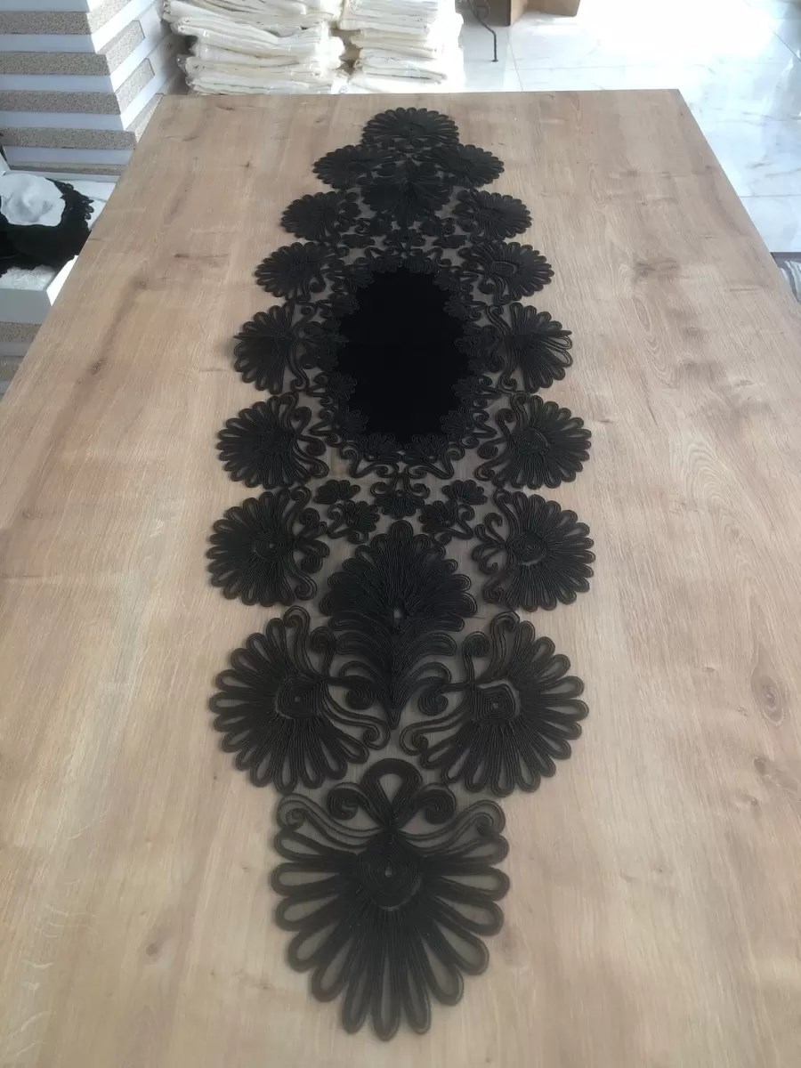 Salon Takımı Çeyizlik Siyah Runner Set 7 Parça Kadife Ranır Masa Konsol Sehpa Örtüsü Palmiye