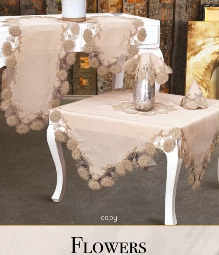 Salon Takımı Flowers Model Kapiçino 5 Parça Keten Dantelli Runner Seti No 9964