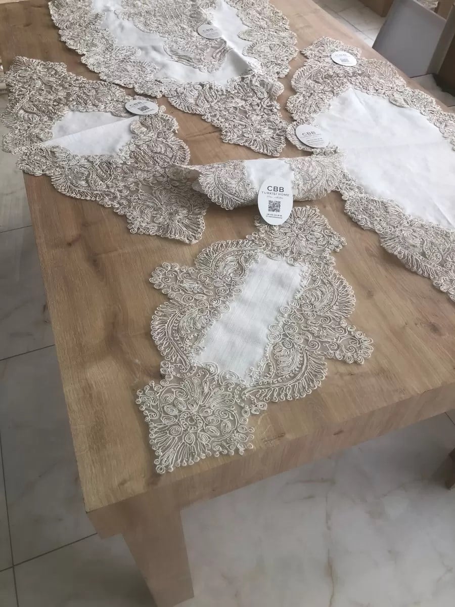 Salon Takımı Keten Angelika Çeyizlik Kreme Gold Runner Set 5 Parça Keten Ranır Masa Sehpa Konsol Örtüsü