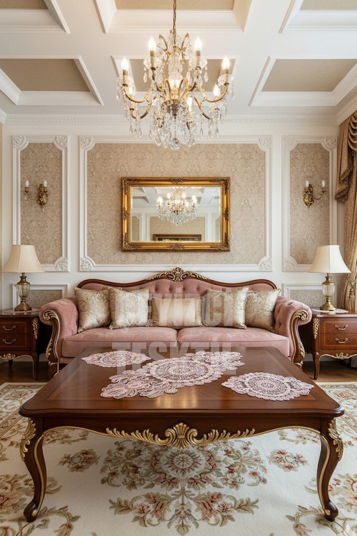 Salon Takımı, Yatak Odası 3 Parça Sehpa Örtüsü, Masa Örtüsü 3 Parça Oda Takımı Pudra