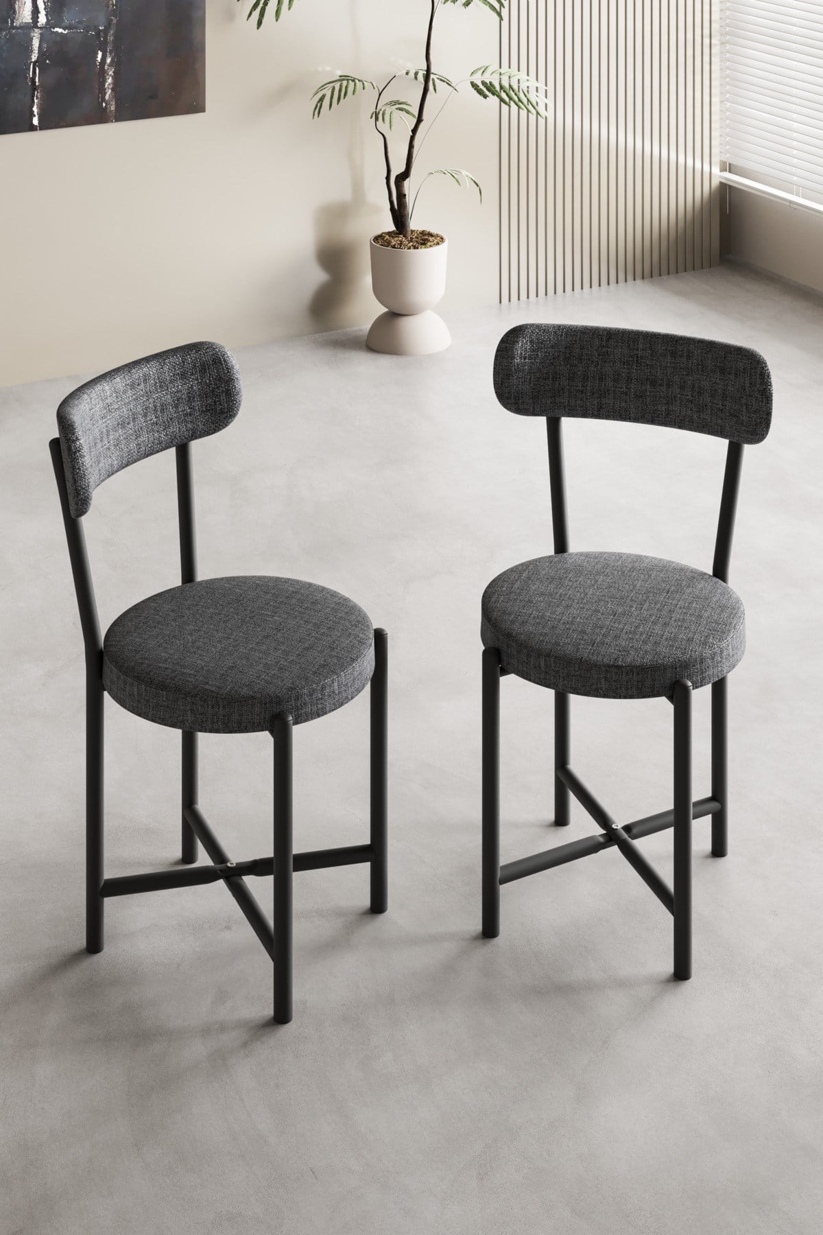 Sandalye 2 Adet Keten Kumaş Metal Ayak Modern Mutfak Sandalyesi Cafe Balkon Ofis Teddy 9813 Antrasit