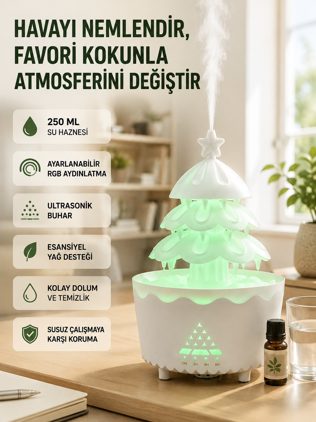 Şans Ağacı LED Işıklı Ultrasonik Buhar Makinesi Esansiyel Yağ Aroma Yayıcı