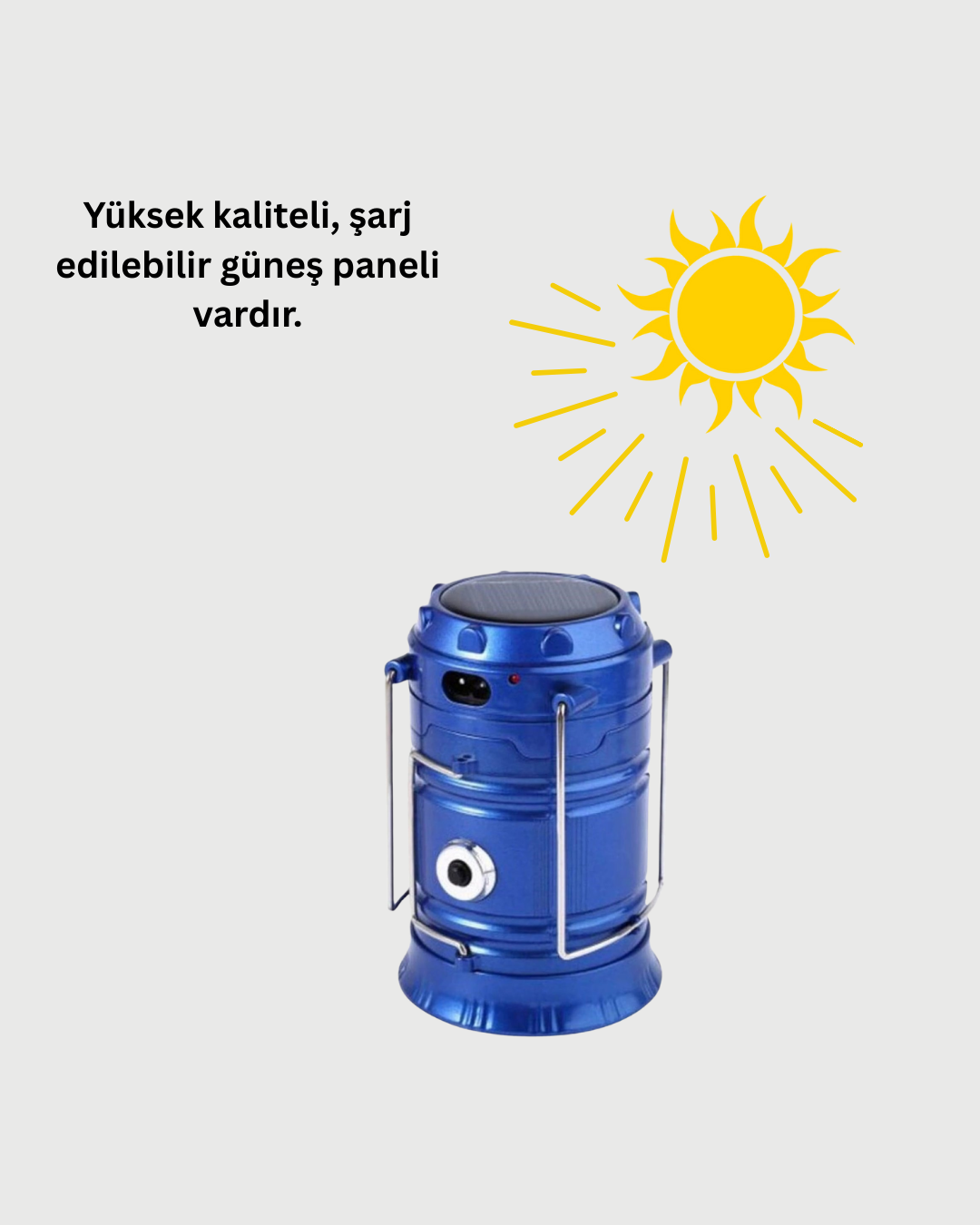 Şarj Edilebilir Güneş Enerjili Kızaklı Kamp Feneri – USB Çıkışlı, Katlanabilir, Dayanıklı ve Çok Fonksiyonlu