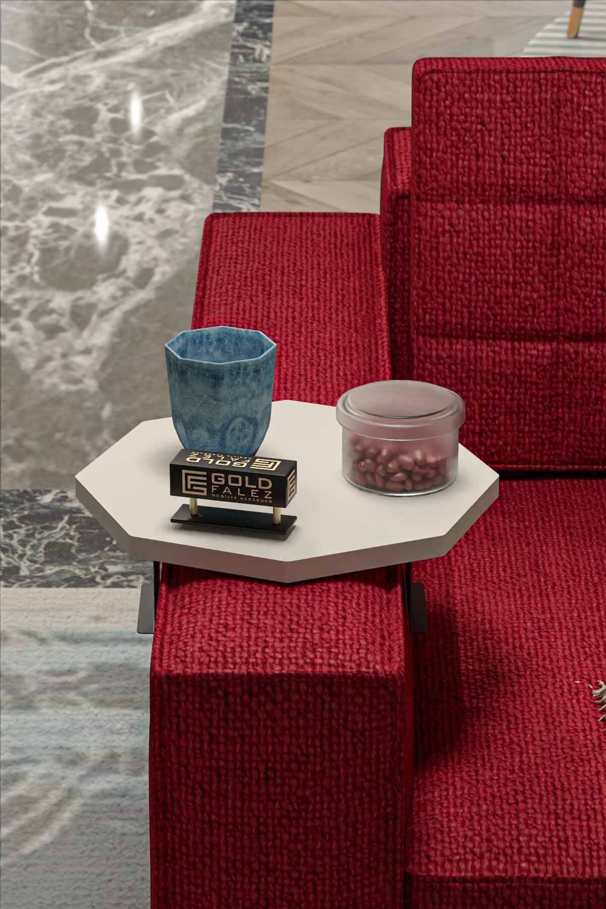 Sekizgen Koltuk Tepsi Sehpa Krem 2'li