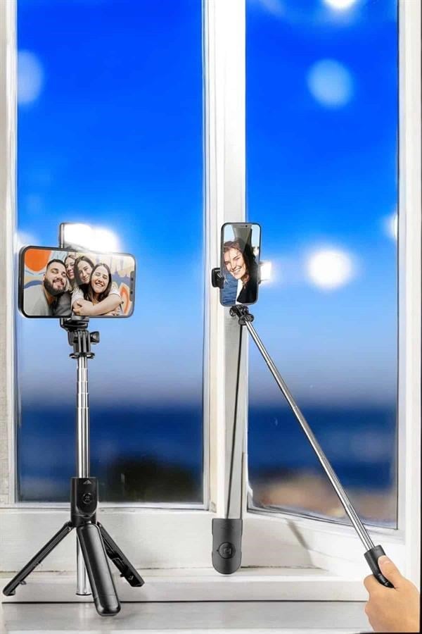 Selfie Çubuğu Tripod Kumandalı Telefon Tutucu Siyah