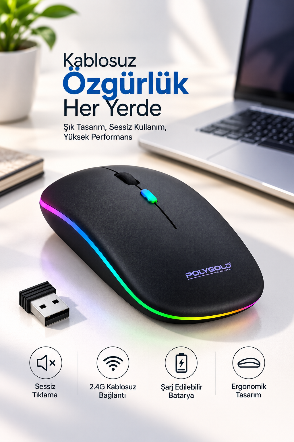 Sessiz Tıklama 800 1200 1600 DPI Ayarlanabilir Mouse
