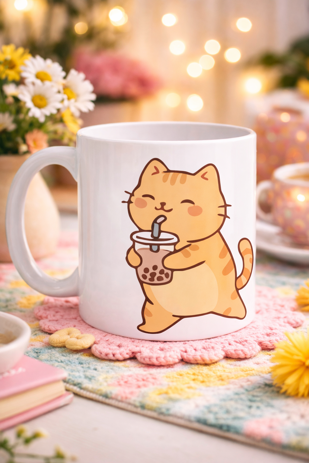 Sevimli Kedi Bubble Tea Tasarımlı Porselen Kupa MODEL 192 – Boba Çayı İçen Kedi Kahve Kupası – Kedi Severlere Hediyelik Kupa Bardak