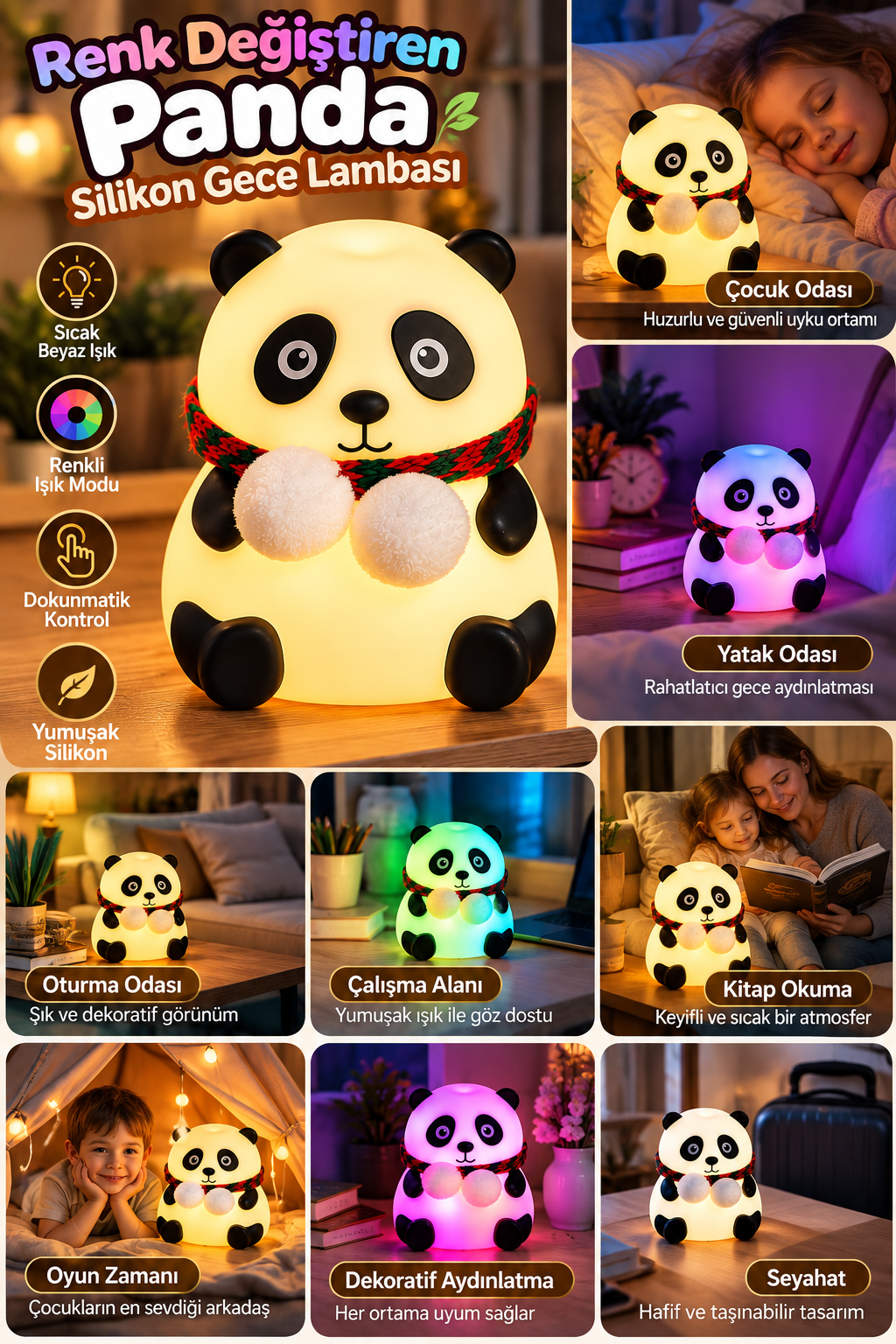 Sevimli Panda Silikon Gece Lambası Renkli Işık Modu Dokunmatik Kontrollü Aydınlatma