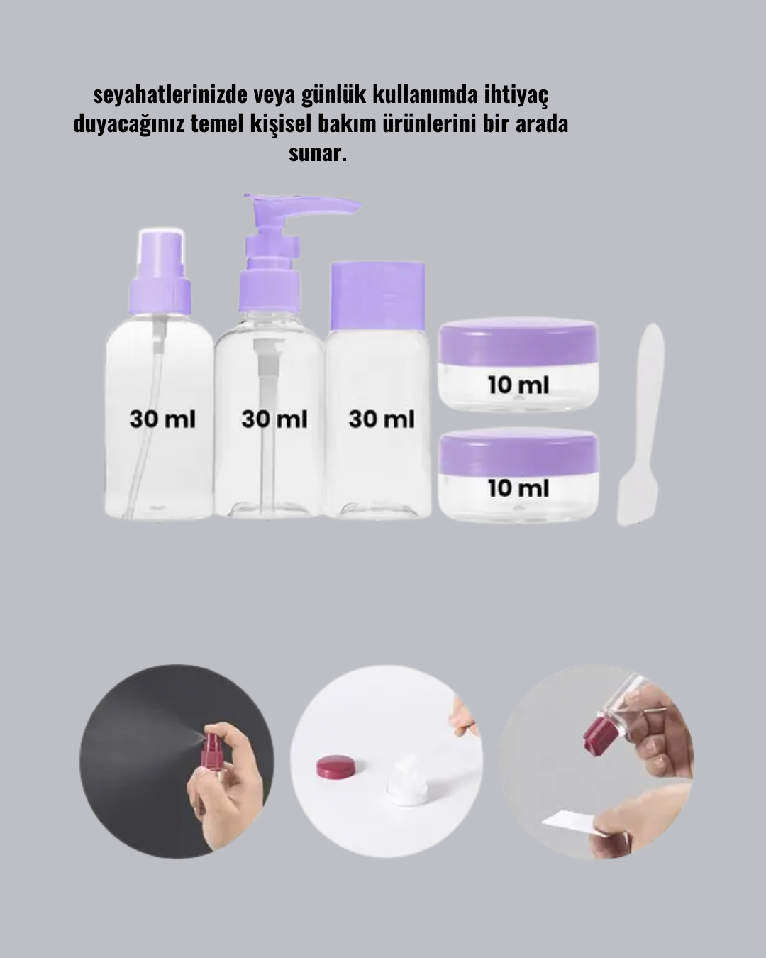 Seyahat Bakım Seti 5 Parça Sızdırmaz Şeffaf Kapaklı 30ml Yeni Nesil