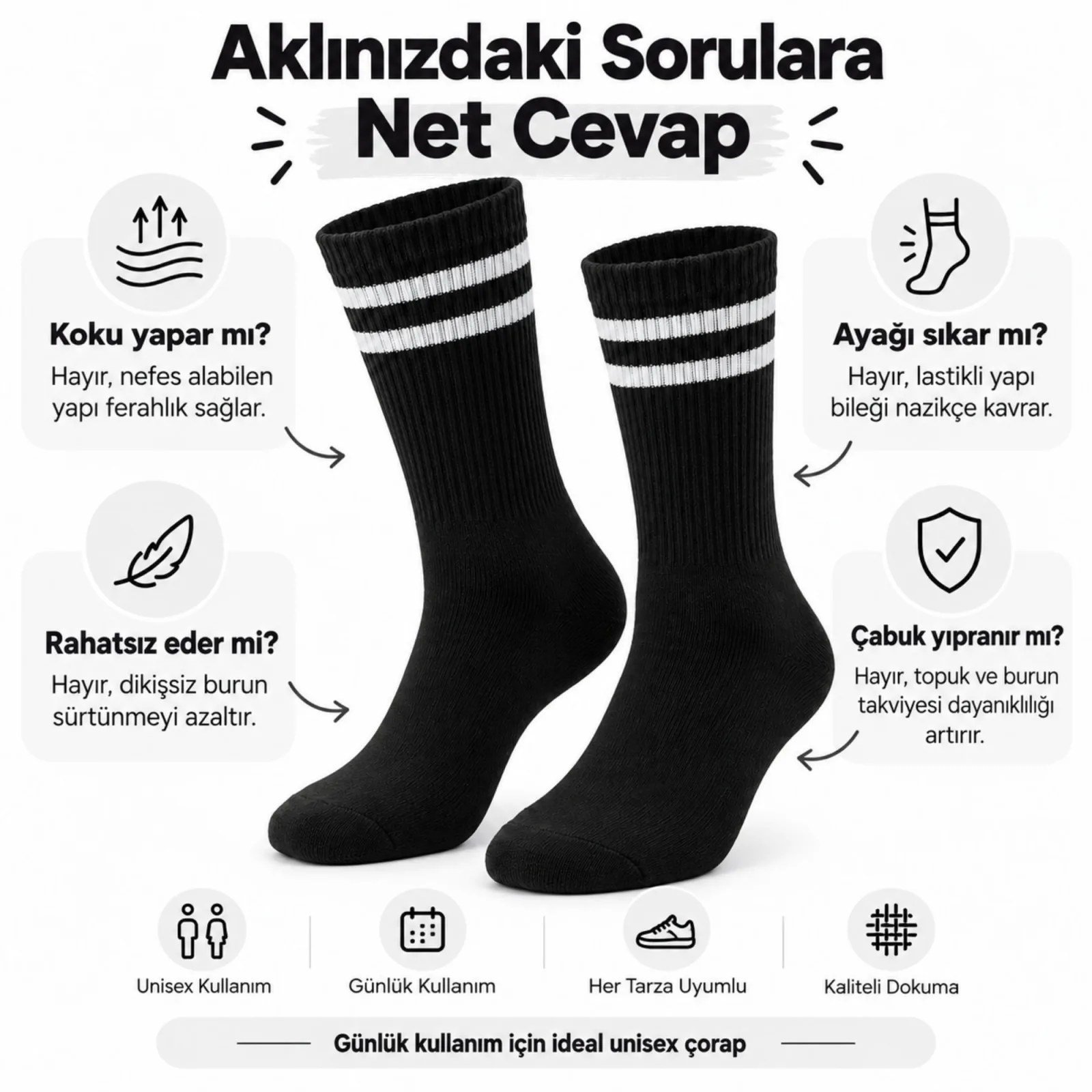 Siyah Çorap Beyaz Çizgili 3'lü Set Unisex Uzun Soket Günlük Spor Rahat Kolej Stil Çorap Seti