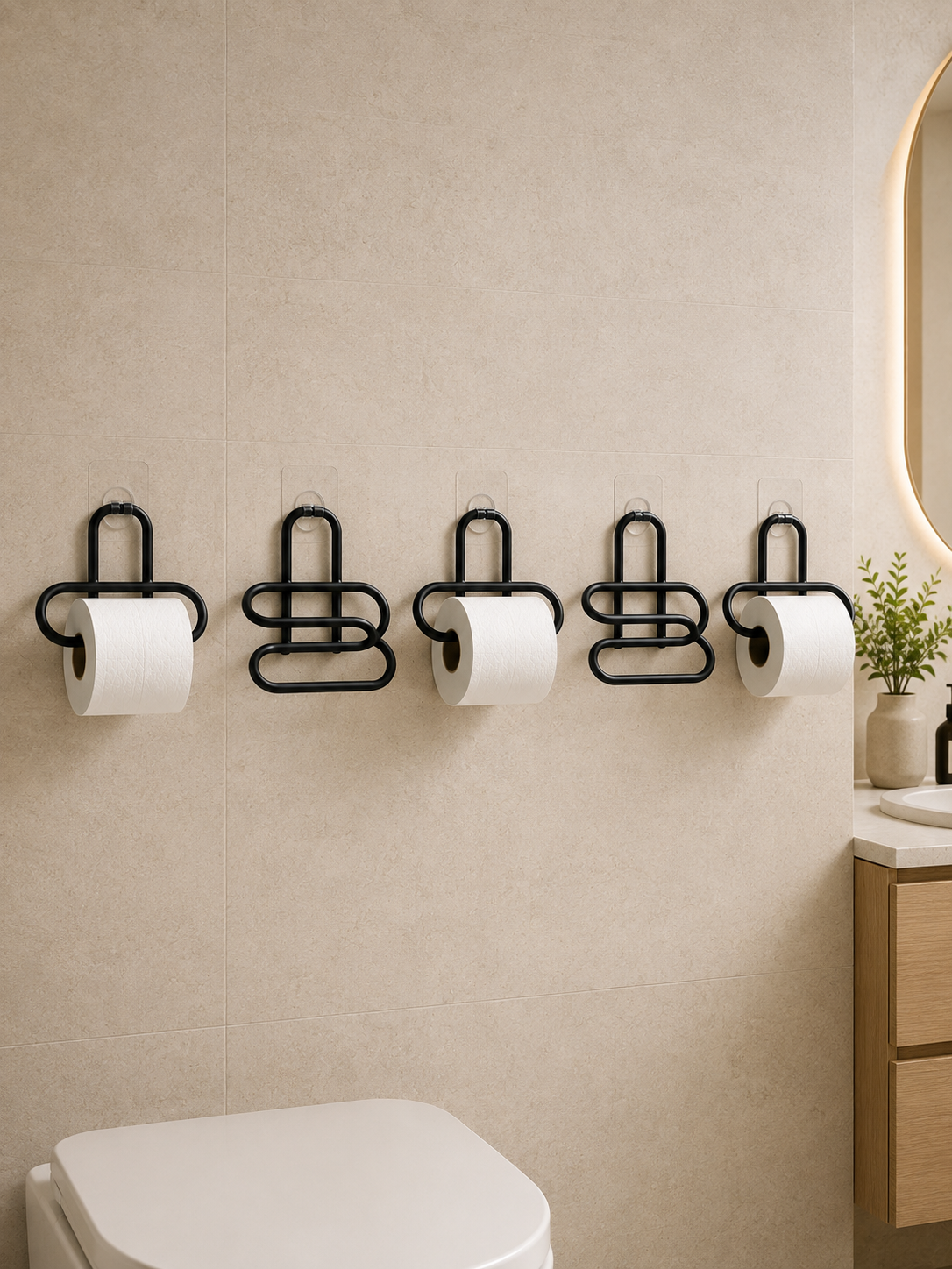 Siyah Metal Tuvalet Kağıdı Tutucu 5’li Set Yapışkanlı Duvar Tipi Banyo WC Askısı