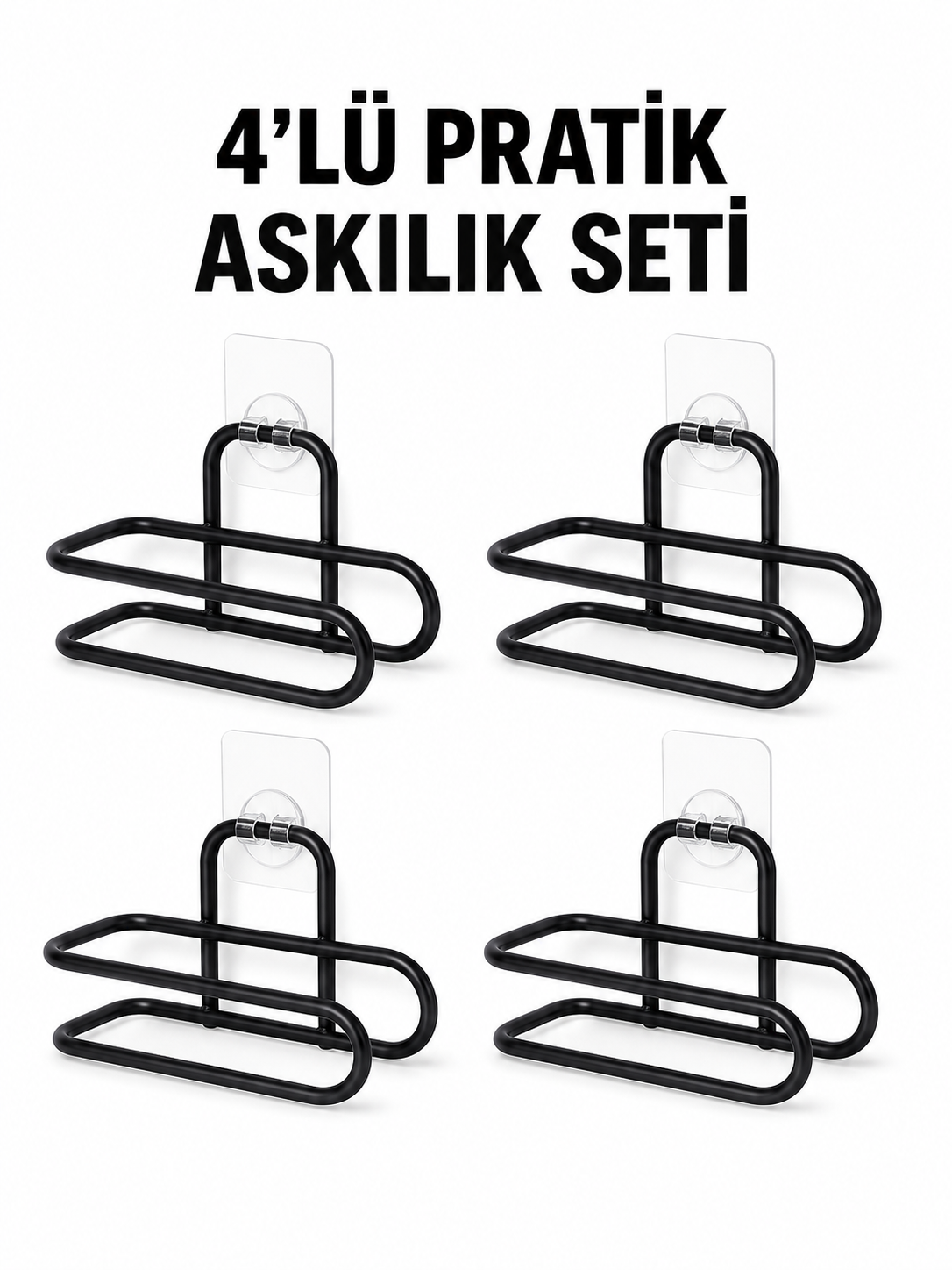 Siyah Metal WC Kağıtlık Yapışkanlı Duvar Tipi Tuvalet Kağıdı Tutucu Seti 4 Adet
