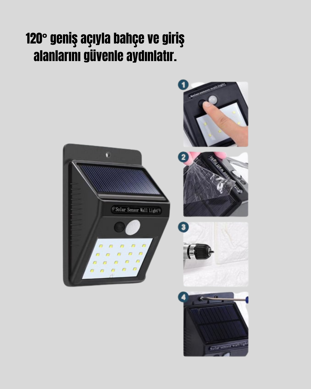 Solar Enerjili 20 LED Hareket Sensörlü Duvar Lambası
