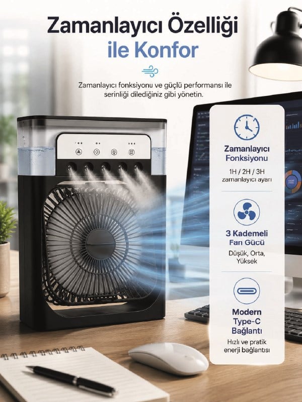 Su Hazneli Püskürtmeli Fan 1-3-5 Püskürtme Seçeneği, Type-C Güç Girişi