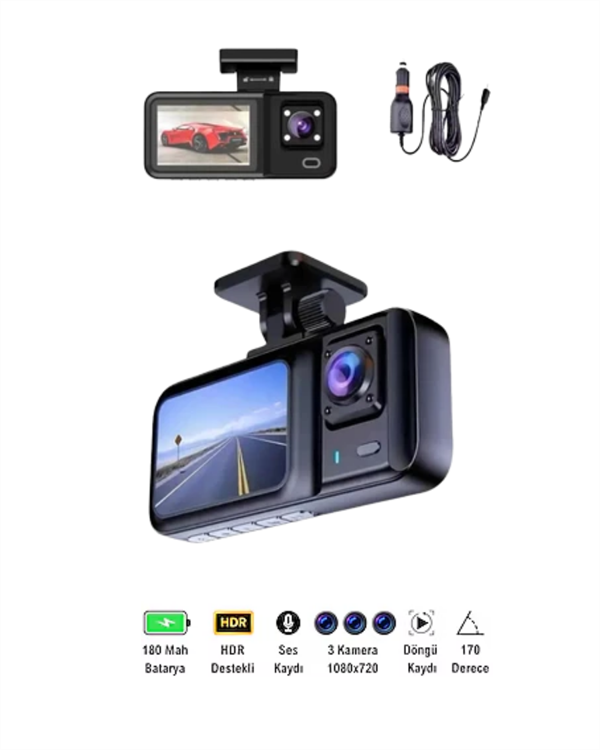 Sürüş ve Park Halinde Kesintisiz Güvenlik İçin 3 Kameralı Profesyonel Dashcam