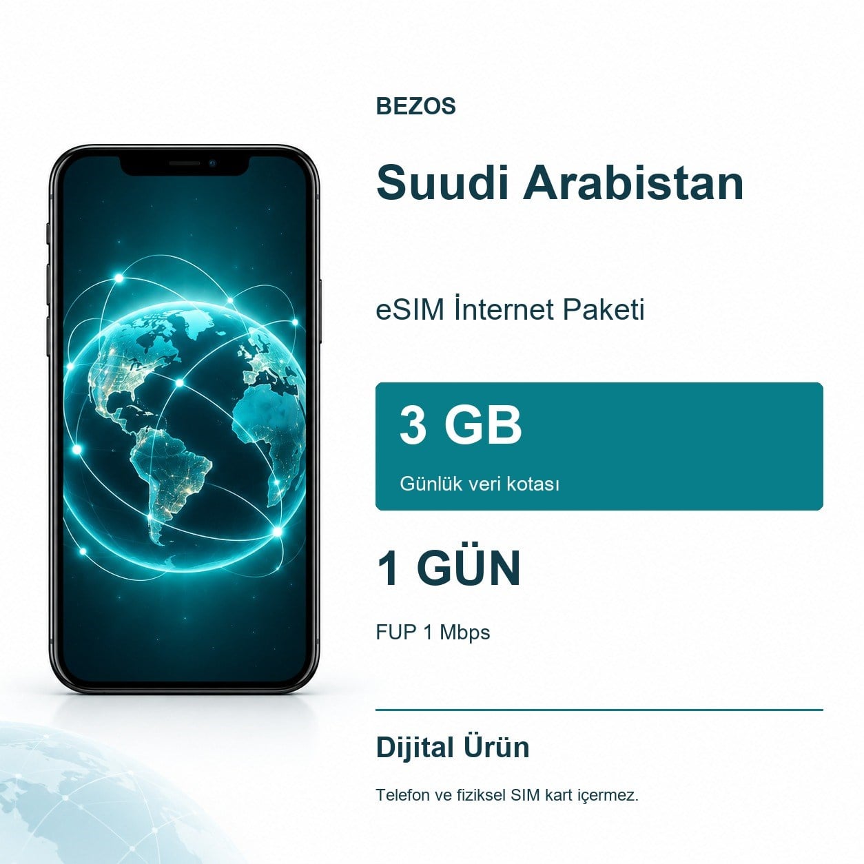 Suudi Arabistan eSIM İnternet Paketi Günlük 3 GB 1 Gün - FUP 1 Mbps