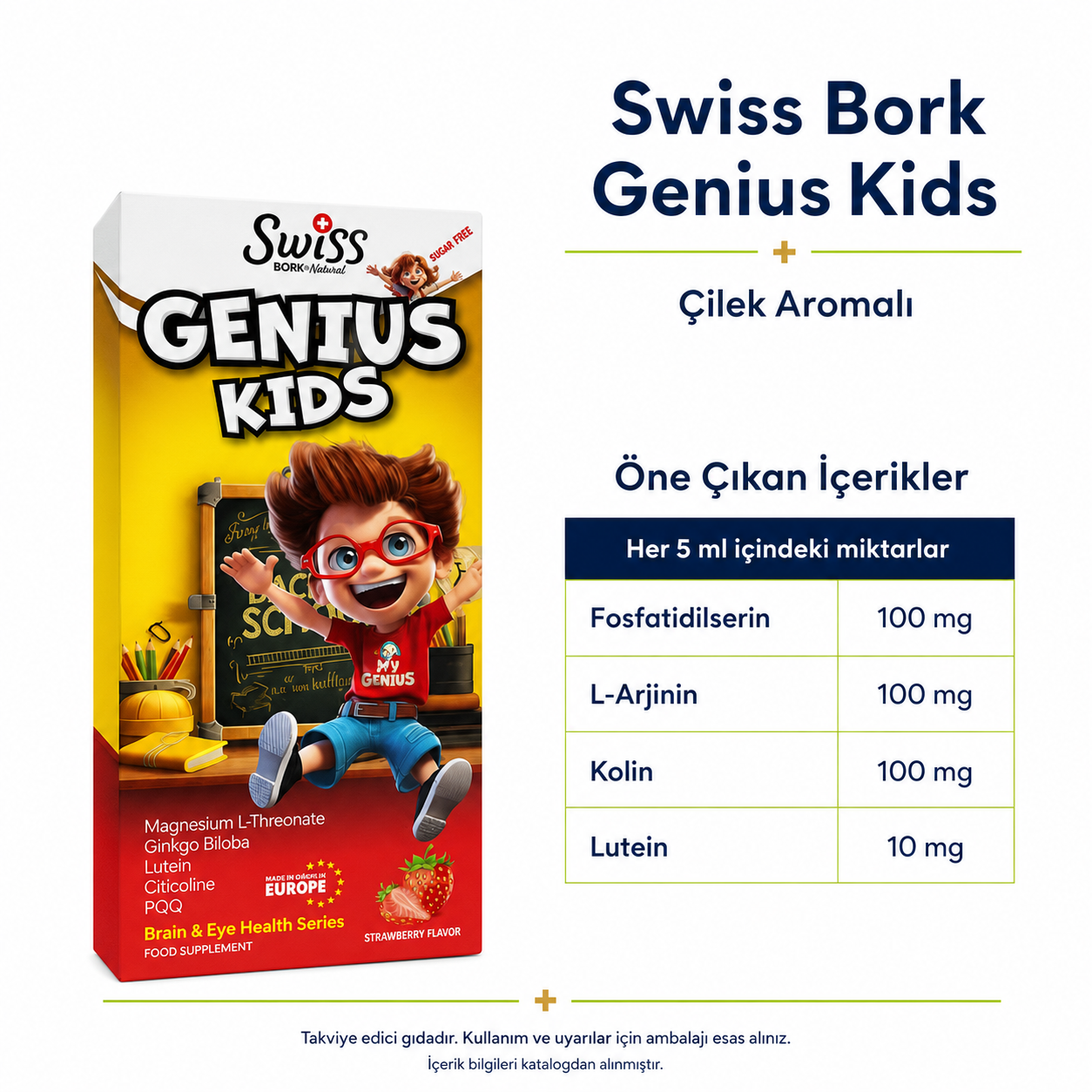 Swiss Bork Genius Kids Çilek Aromalı Sıvı Takviye
